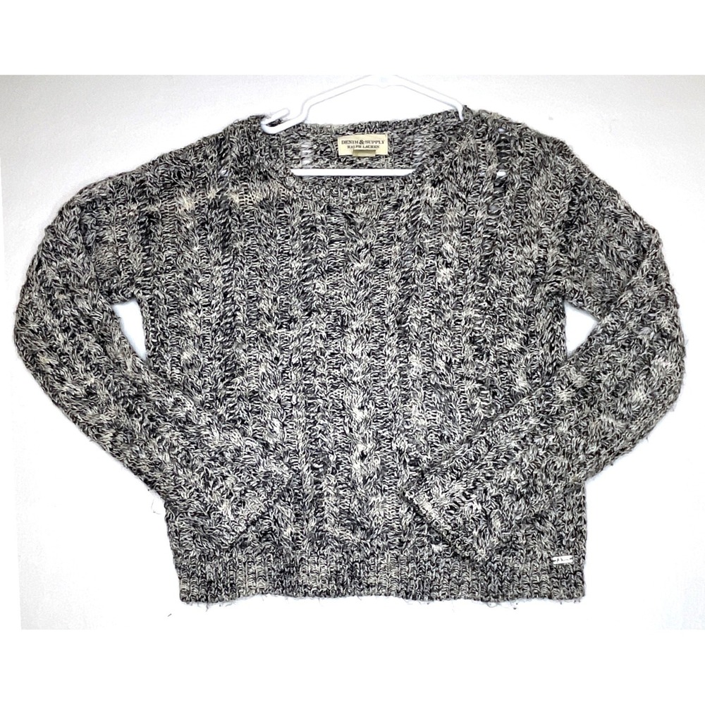 Denim & Supply Ralph Lauren Womens Sweater Cable Knit Open Weave L Grey